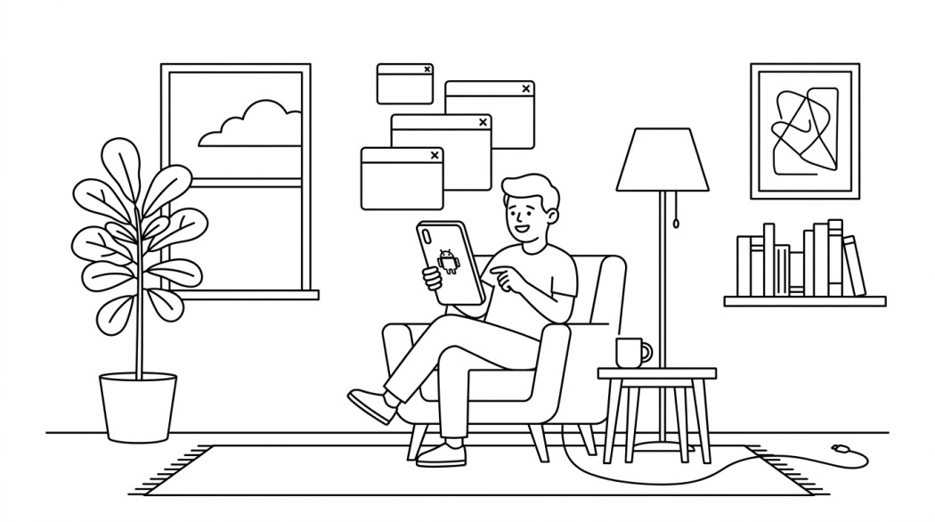 Black-and-white line illustration: a minimal Notion-style scene representing how to stop random pop-up ads on your android phone.