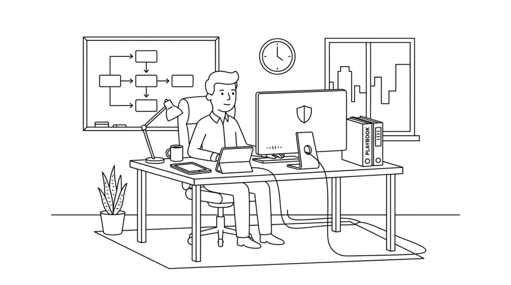 Black-and-white line illustration: a minimal Notion-style scene representing protect your business from cyberattacks - playbook.