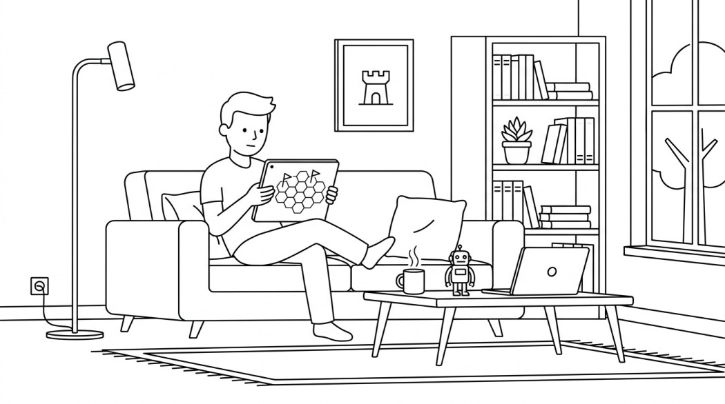 Black-and-white line illustration: a minimal Notion-style scene representing 10 best strategy games on android worth your time.