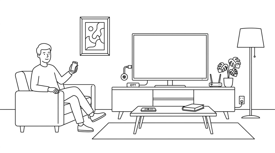 Black-and-white line illustration: a minimal Notion-style scene representing how to stream kodi to chromecast and google tv.