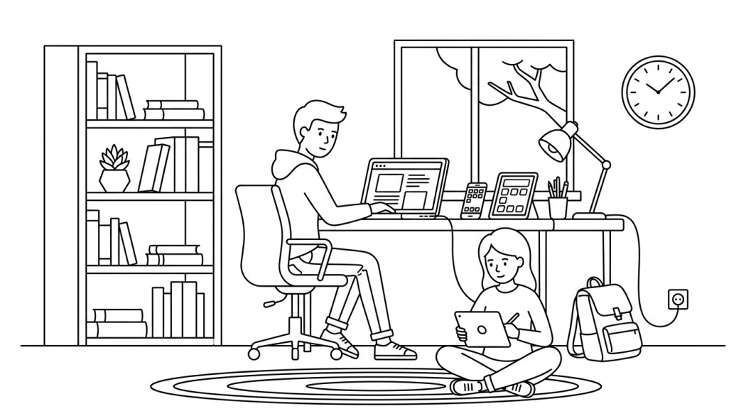 Black-and-white line illustration: a minimal Notion-style scene representing 10 best study apps for students on android.
