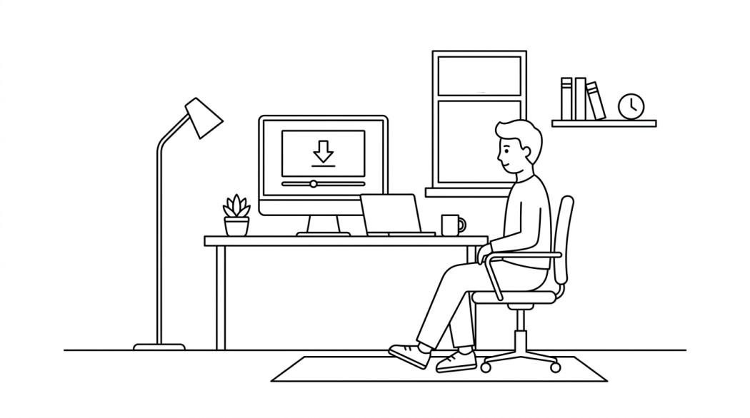 Black-and-white line illustration: a minimal Notion-style scene representing surfast video downloader review: honest take on the desktop tool.