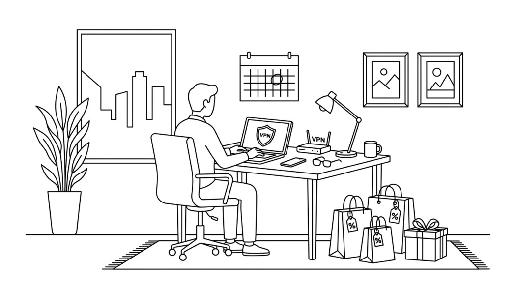 Black-and-white line illustration: a minimal Notion-style scene representing surfshark black friday and cyber monday deal guide.