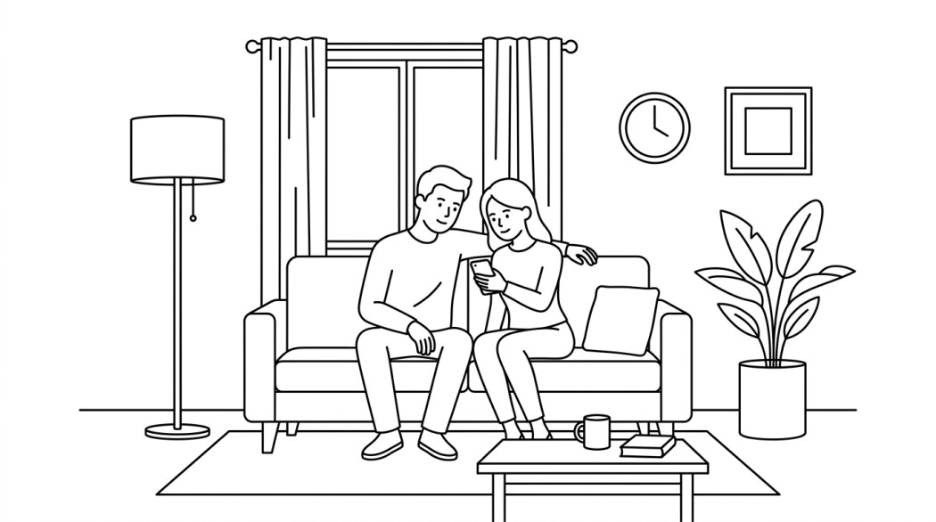 Black-and-white line illustration: a minimal Notion-style scene representing 10 ways smartphones can strengthen a relationship.