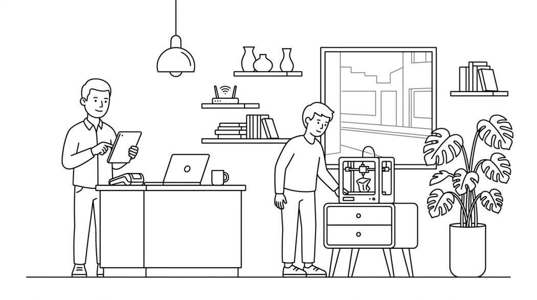 Black-and-white line illustration: a minimal Notion-style scene representing how small businesses should take advantage of new technology.