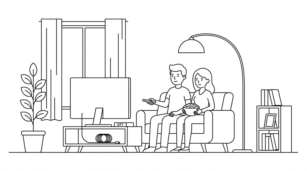 Black-and-white line illustration: a minimal Notion-style scene representing legal ways to watch spanish-language tv and movies (2026).