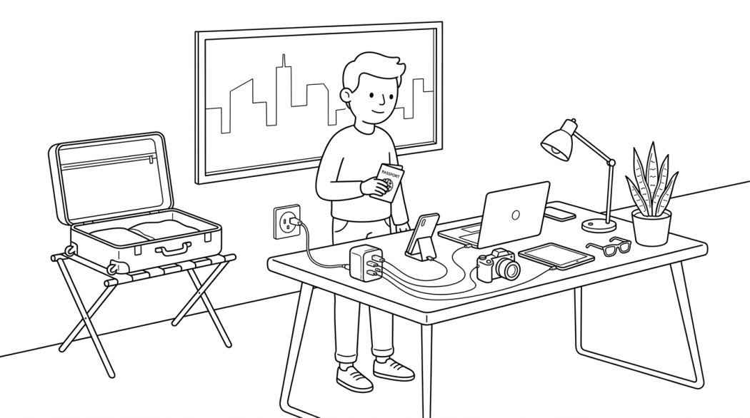 Black-and-white line illustration: a minimal Notion-style scene representing tessan 205w universal travel adapter review: finally, one charger to rule them all.