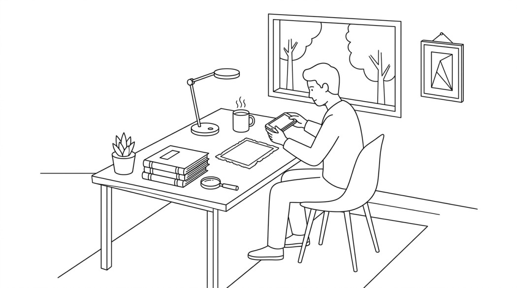 Black-and-white line illustration: a minimal Notion-style scene representing 5 best tools for restoring old photos on android.