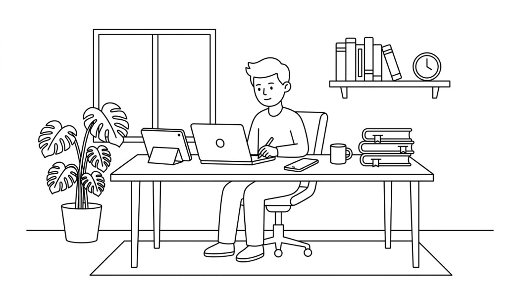 Black-and-white line illustration: a minimal Notion-style scene representing 8 apps every student needs for thesis and assignment writing.