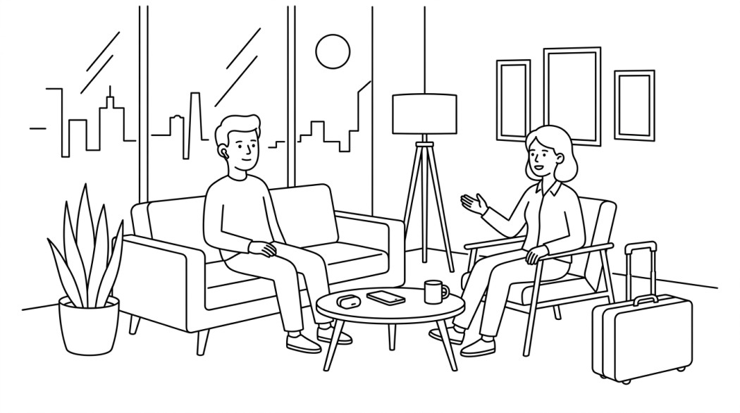 Black-and-white line illustration: a minimal Notion-style scene representing ai-powered earbuds from timekettle let you speak 40 languages without breaking a sweat.