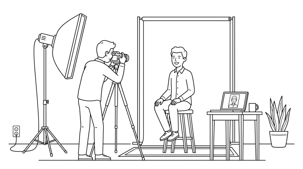 Black-and-white line illustration: a minimal Notion-style scene representing mastering professional headshots: 10 techniques and tips for capturing your best shot.