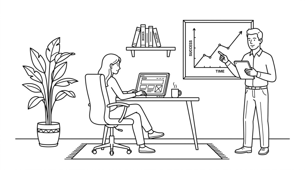 Black and white line illustration: a minimal Notion-style scene representing online tools that help a small business grow.