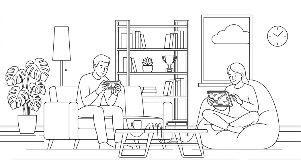 Black-and-white line illustration of a phone showing ten mobile game icons sorted into genre groups.