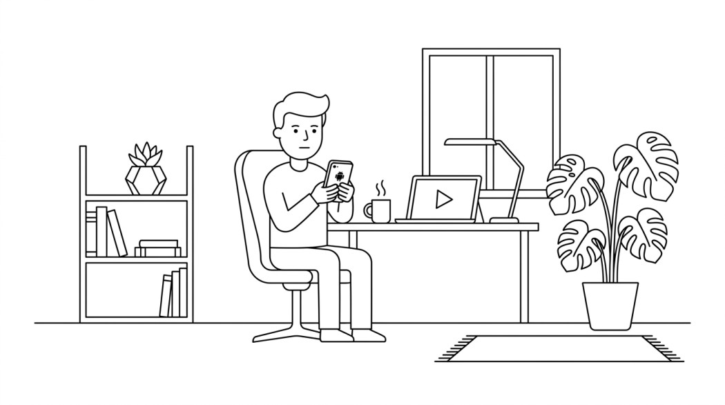 Black-and-white line illustration: a minimal Notion-style scene representing torrent client apps on android: the reality and legitimate alternatives.