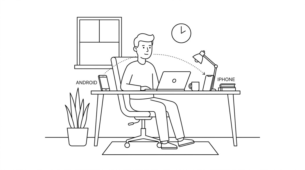 Black-and-white line illustration: a minimal Notion-style scene representing how to transfer data from android to iphone (and what actually moves).