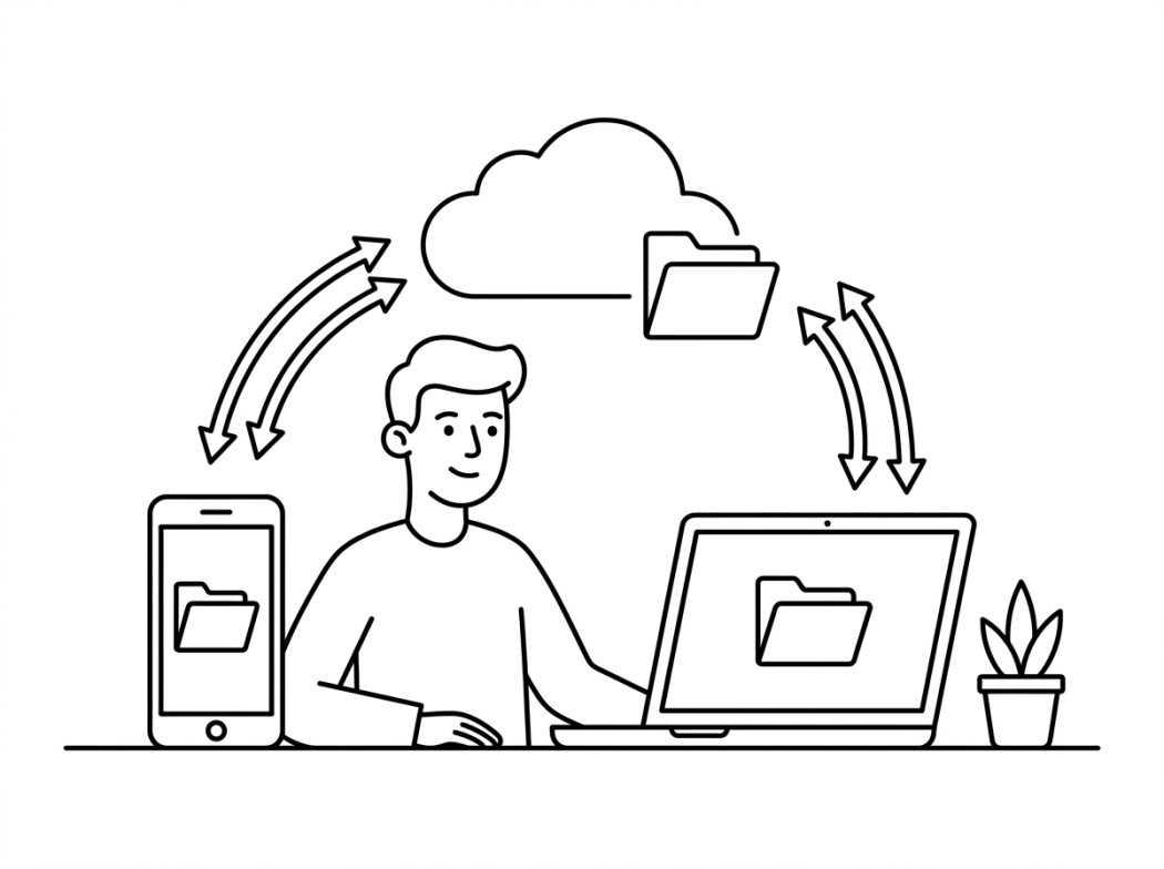 Black and white line illustration representing cloud sync for files that live in two places.