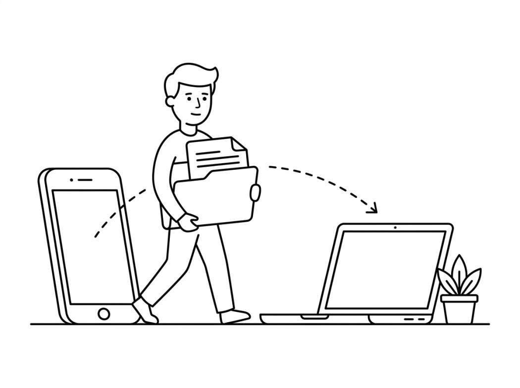 Black and white line illustration representing moving everything when you switch to a mac.