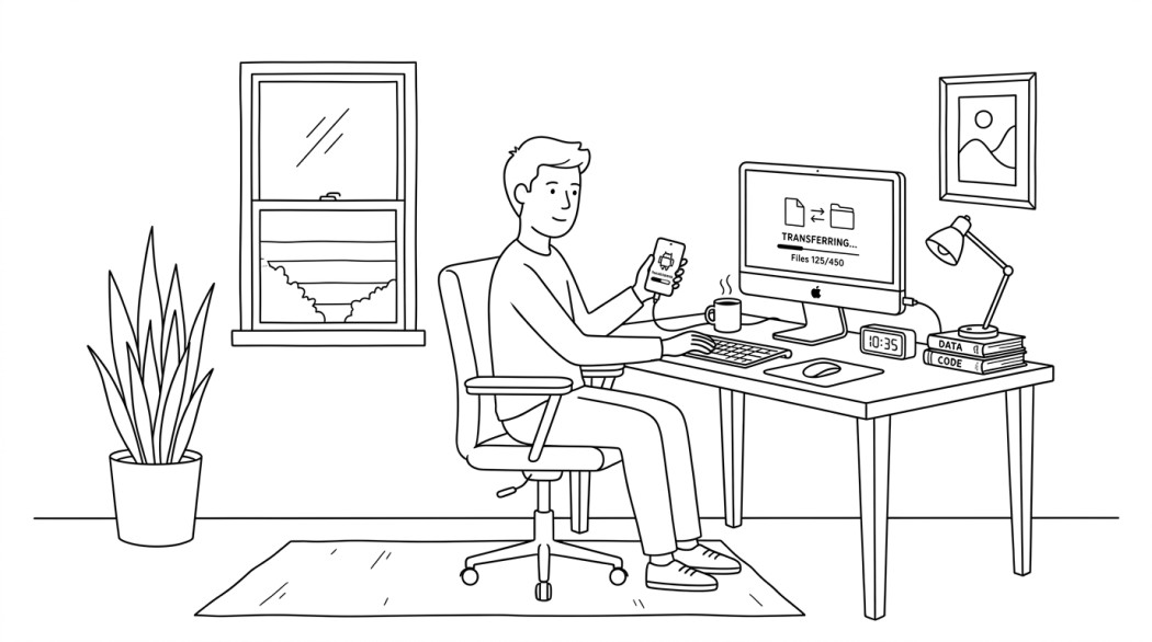 Black-and-white line illustration: a minimal Notion-style scene representing how to transfer files between android and mac.
