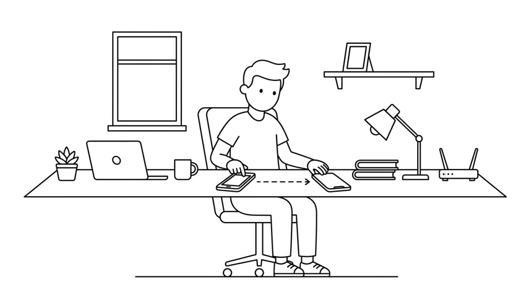 Black-and-white line illustration: a minimal Notion-style scene representing how to transfer whatsapp data to a new phone (android, iphone, cross-platform).