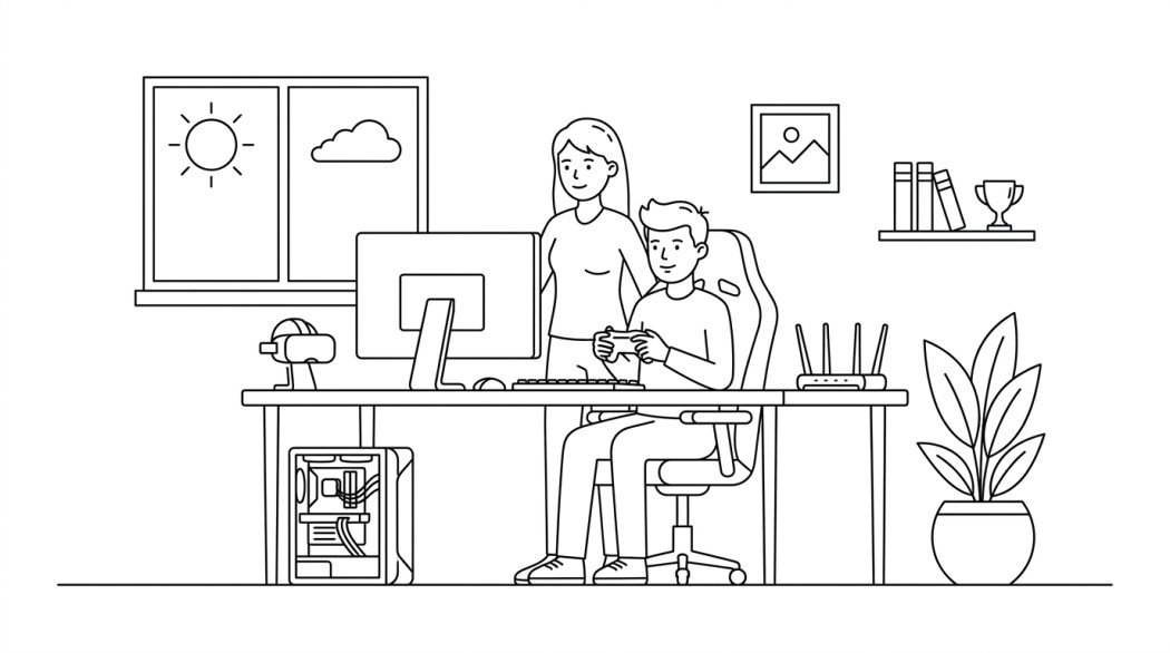 Black-and-white line illustration: a minimal Notion-style scene representing the technologies reshaping online gaming (a quick catch-up).