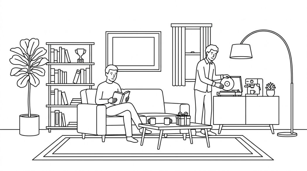 Black-and-white line illustration: a minimal Notion-style scene representing best valentine's day gifts that last beyond february 14.
