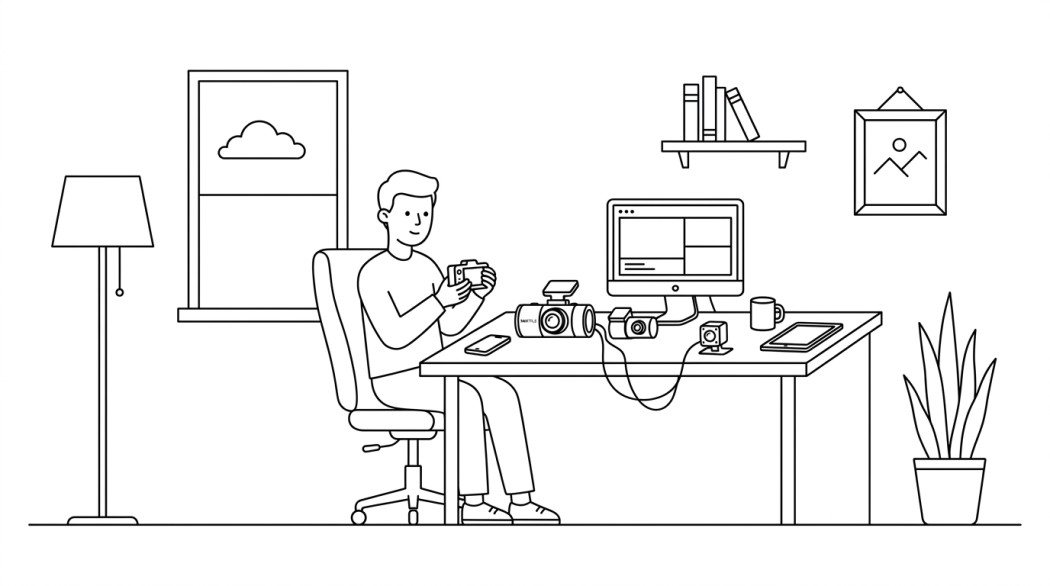 Black-and-white line illustration: a minimal Notion-style scene representing get to know vantrue's e3 dash cam and its classy three-channel goodness.
