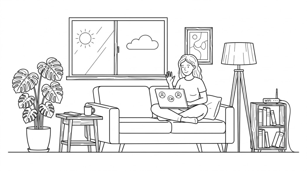 Black-and-white line illustration: a minimal Notion-style scene representing 7+ video chat apps to stay connected with your loved ones.