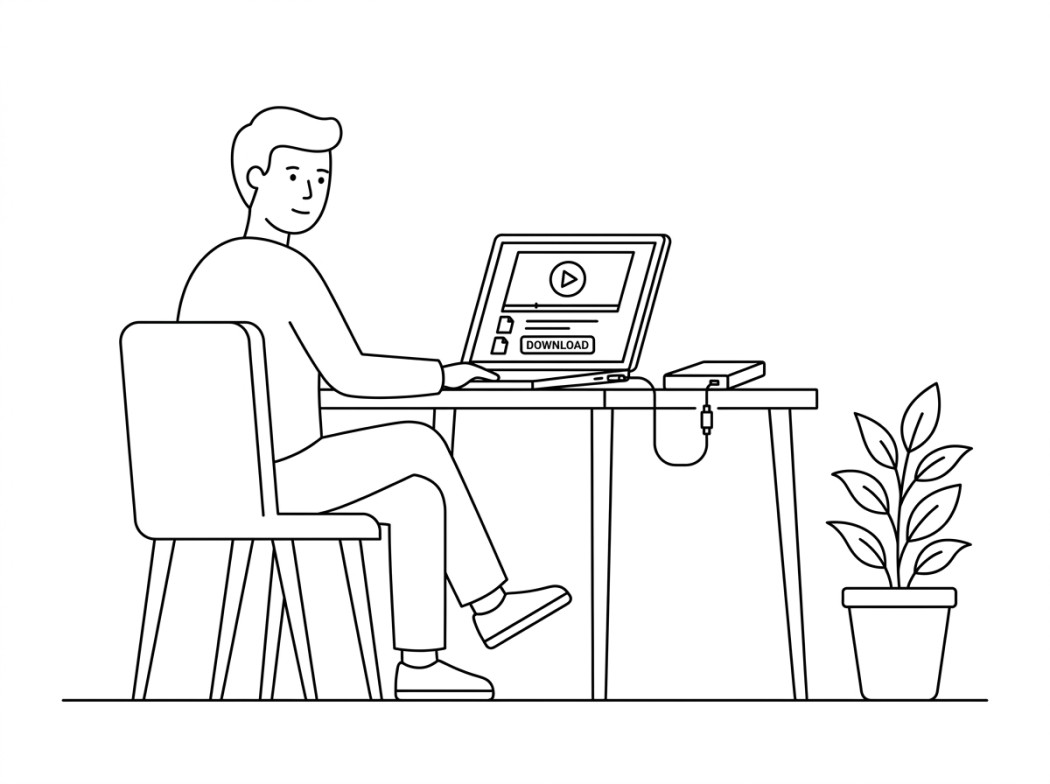 Black and white line illustration representing creator-direct platforms for full-quality archives.