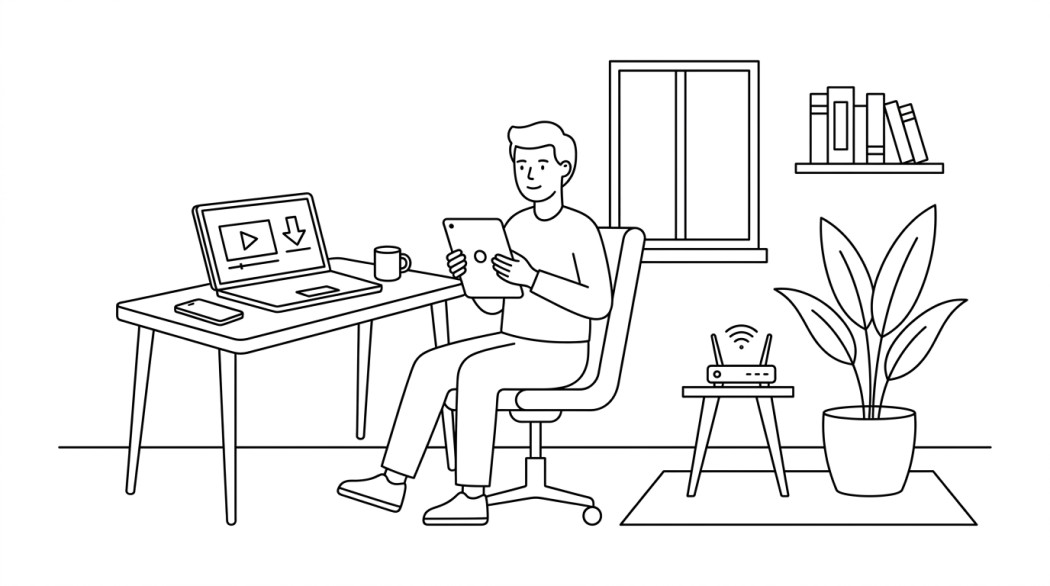 Black-and-white line illustration: a minimal Notion-style scene representing how to save YouTube videos for offline viewing on Android.