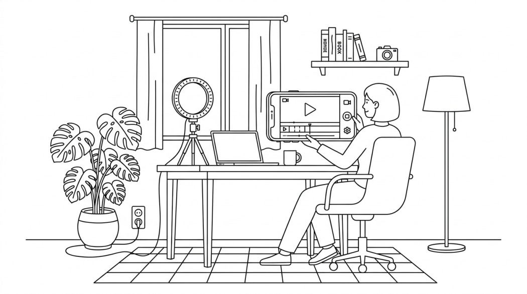 Black-and-white line illustration: a minimal Notion-style scene representing best android video editing apps: 4 worth installing.