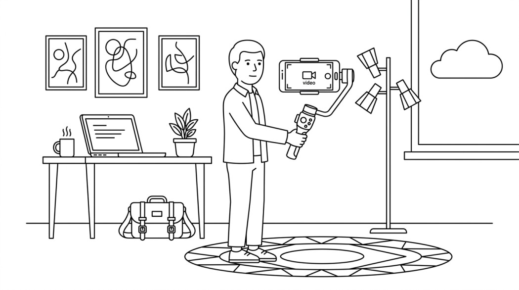 Black-and-white line illustration: a minimal Notion-style scene representing video stabilization guide for android creators.