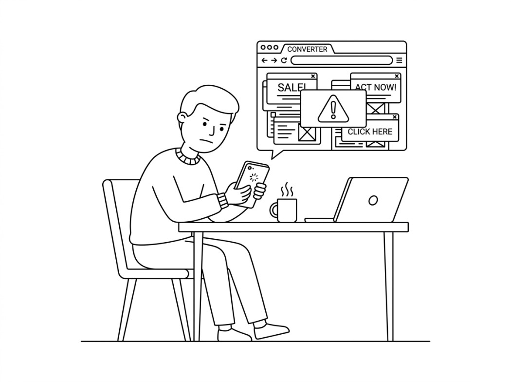 Black and white line illustration representing when a web converter is the wrong choice.