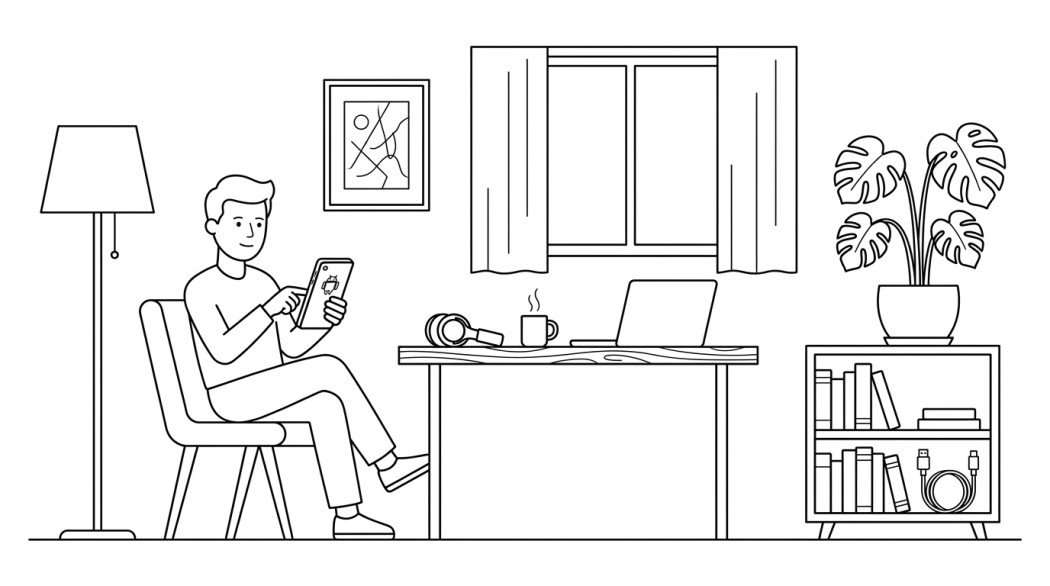 Black-and-white line illustration: a minimal Notion-style scene representing best video to mp3 conversion apps and web tools for android.
