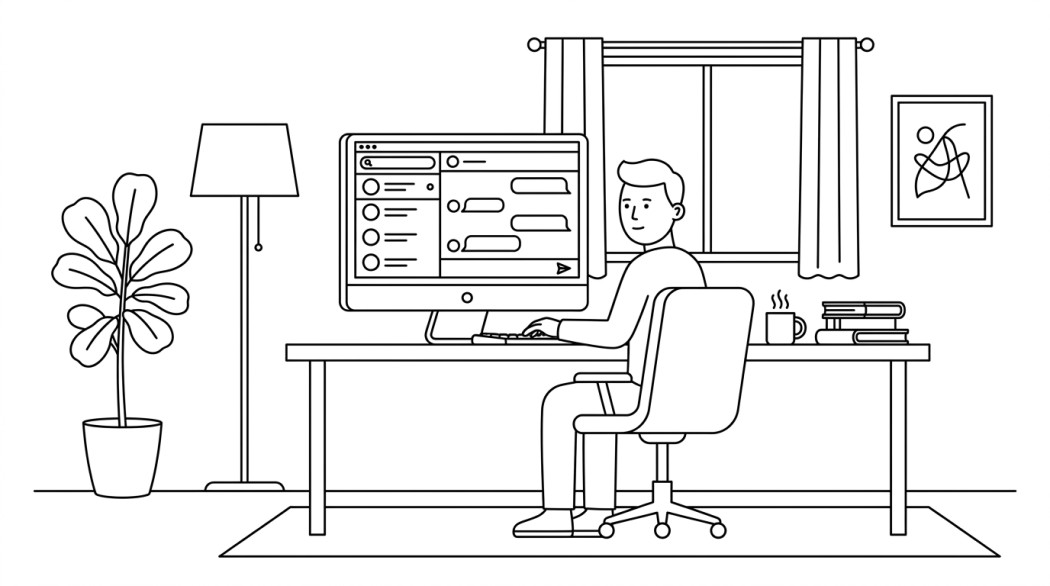 Black-and-white line illustration: a minimal Notion-style scene representing how to use instagram direct messages on a desktop pc.