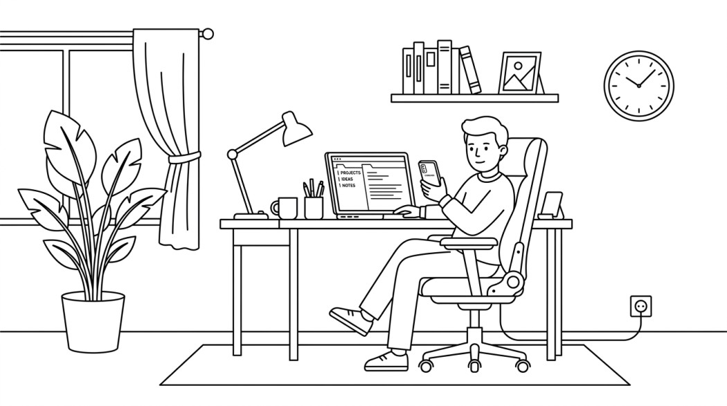 Black-and-white line illustration: a minimal Notion-style scene representing how to view samsung notes on a pc.
