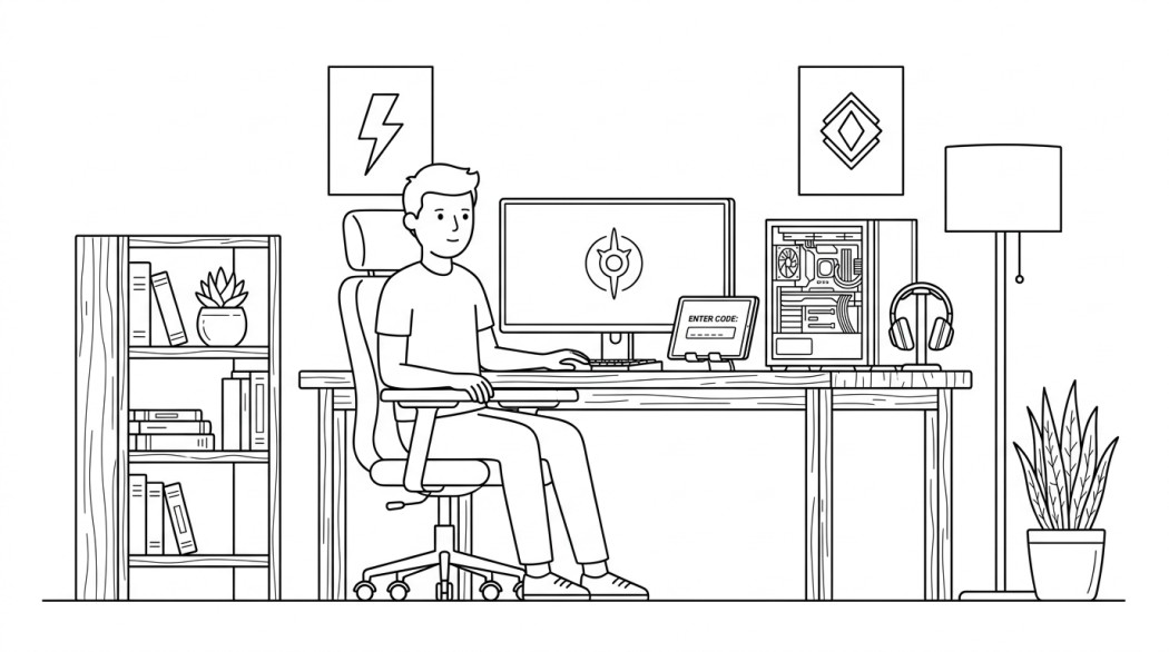 Black-and-white line illustration: a minimal Notion-style scene representing warframe promo codes (glyphs and boosters).