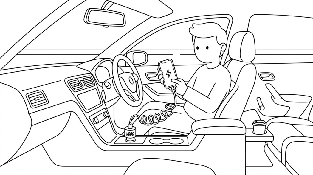 Black-and-white line illustration: a minimal Notion-style scene representing best supervooc and warp car chargers for oneplus phones.