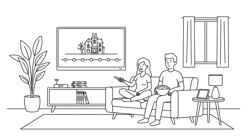 Black-and-white line illustration: a minimal Notion-style scene representing how to watch the conjuring series in order in 2026 (chronological and release).
