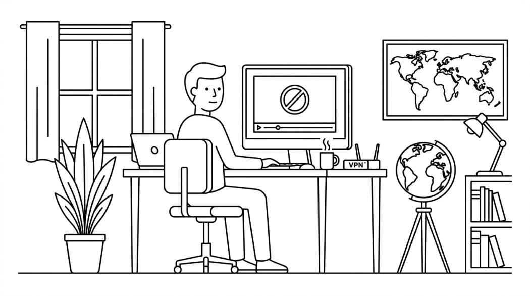 Black-and-white line illustration: a minimal Notion-style scene representing region-locked youtube videos: why they happen and the legitimate workarounds.