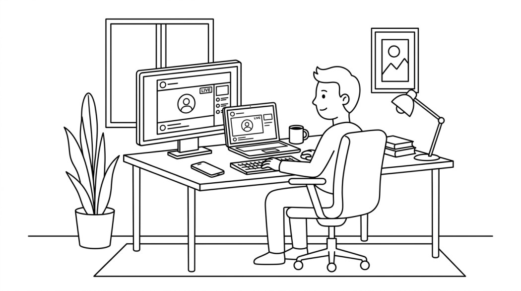 Black-and-white line illustration: a minimal Notion-style scene representing how to watch instagram live on a pc or laptop.