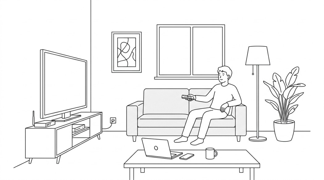 Black-and-white line illustration: a minimal Notion-style scene representing kodi unofficial addons: the security risk and legitimate alternatives.