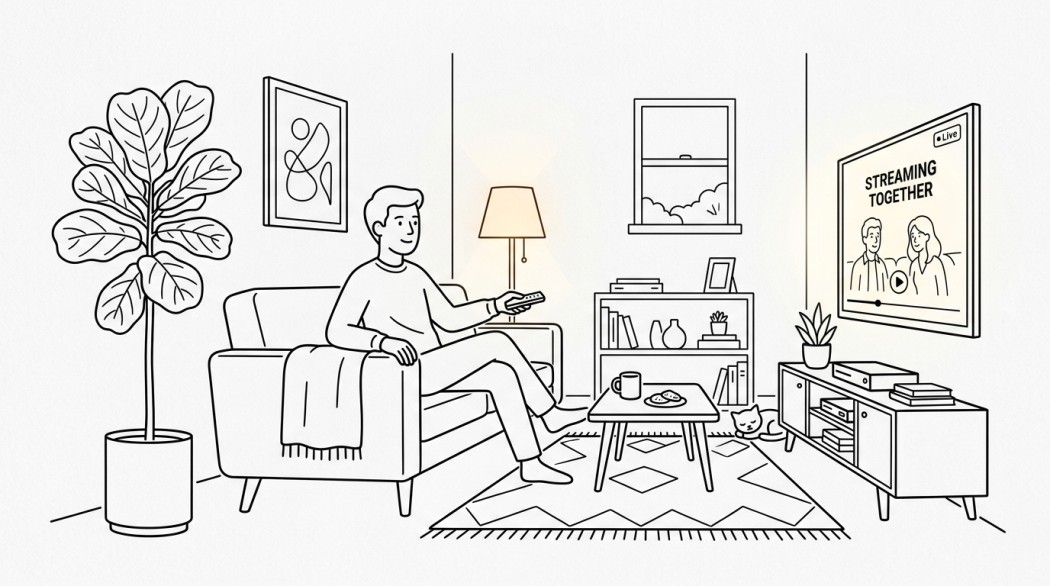Black-and-white line illustration: a minimal Notion-style scene representing 10 real ways to watch movies together online.