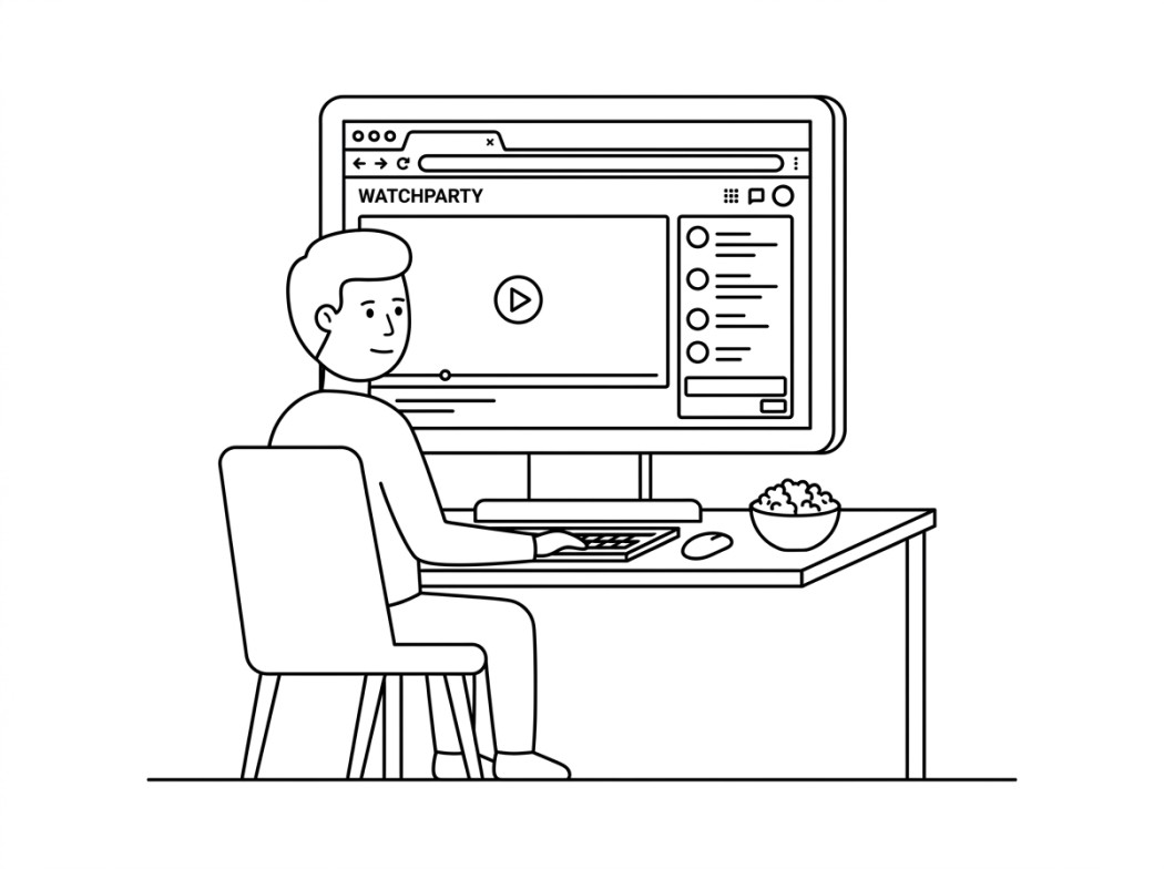 Black-and-white illustration representing Watchparty.com.