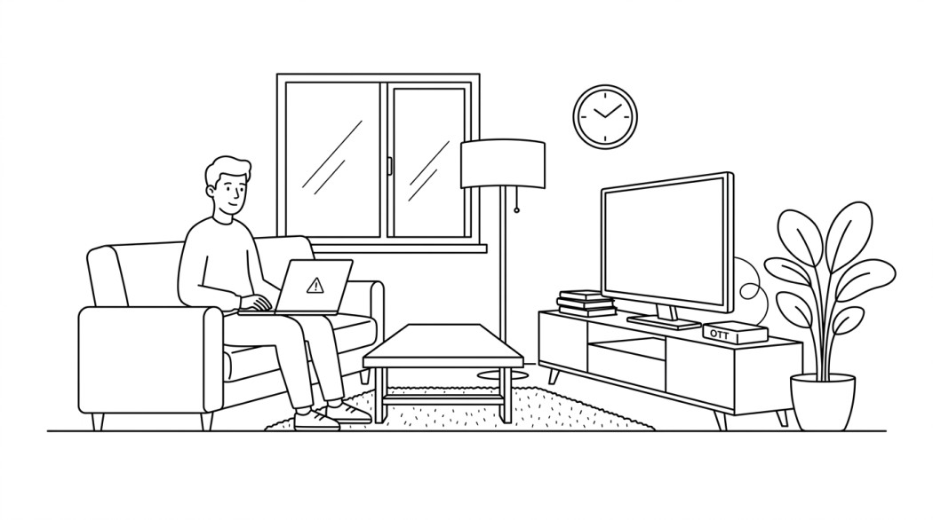 Black-and-white line illustration: a minimal Notion-style scene representing watchseries-style streaming sites: the risk and what to use instead.