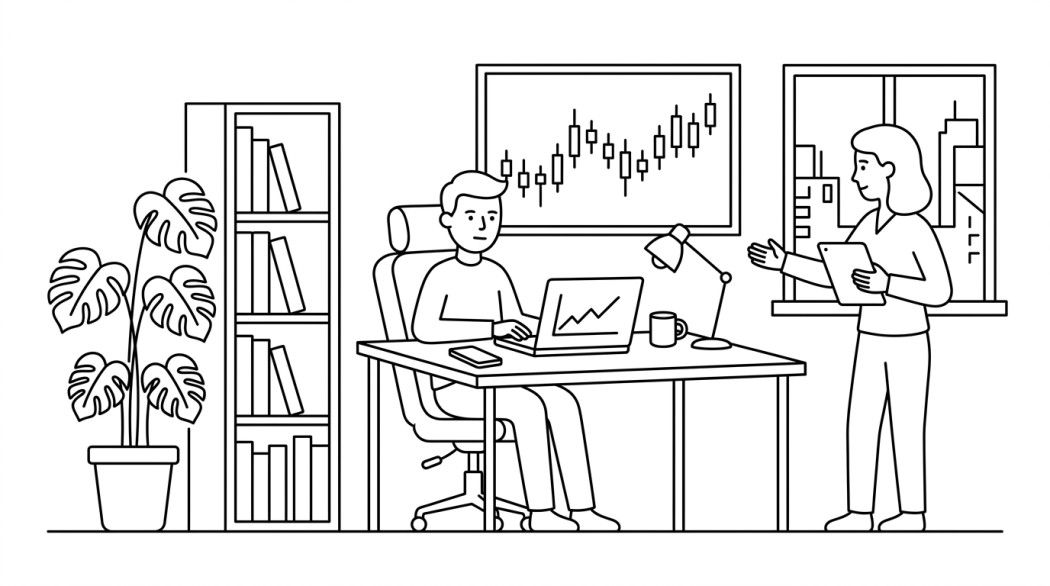 Black-and-white line illustration: a minimal Notion-style scene representing 5 practical ways to trade stocks, from brokerage basics to.