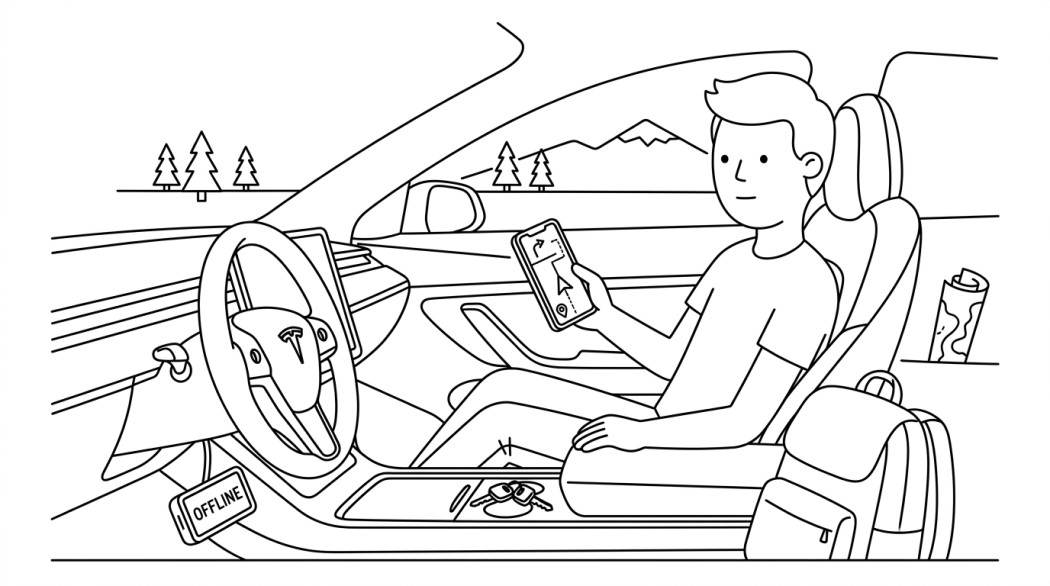 Black-and-white line illustration: a minimal Notion-style scene representing how to use google maps and waze without an internet connection.