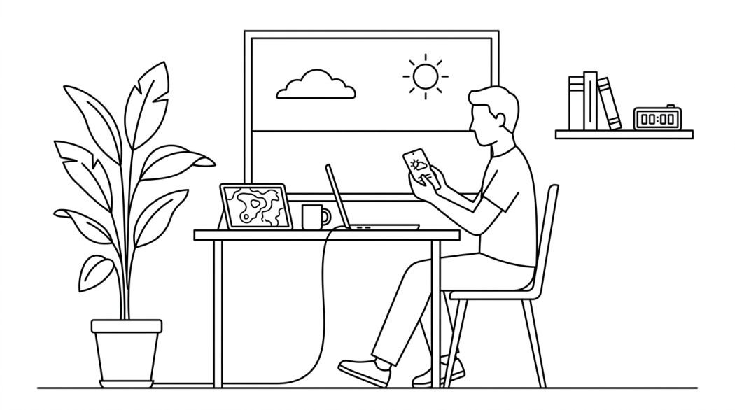 Black-and-white line illustration: a minimal Notion-style scene representing 10 best weather apps and widgets for android.