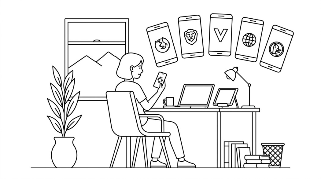 Black-and-white line illustration: a minimal Notion-style scene representing the best non-Chrome web browsers for Android.
