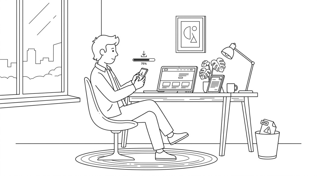 Black-and-white line illustration: a minimal Notion-style scene representing fortnite on android: legitimate install paths (and why the mod apks are malware).
