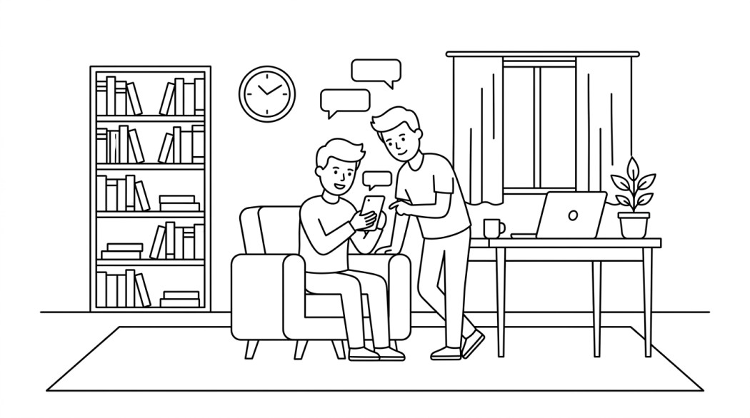 Black-and-white line illustration: a minimal Notion-style scene representing 150+ cool, funny, and creative whatsapp group names (friends, family, study, work).